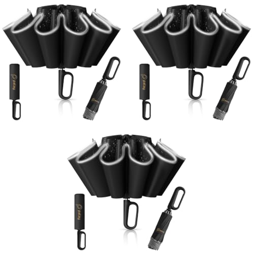 PALAY® 50 Inch Large Umbrella with Reflective Strip Auto 3-Fold Compact Travel Carabiner Handle Reinforced 10 Dual Ribs Sun Protection 99 UV Rain Windproof for Men Women Black 3PCS PALAY® 50 Inch Large Umbrella with Reflective Strip Auto 3-Fold Compact Travel Carabiner Handle Reinforced 10 Dual Ribs Sun Protection 99 UV Rain Windproof for Men Women Black 3PCS